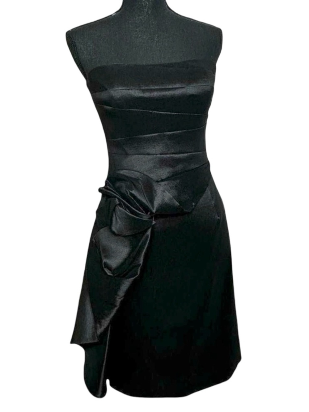 NWT BADGLEY MISCHKA Black Satin Strapless Mini With Abstract Bow Size 4